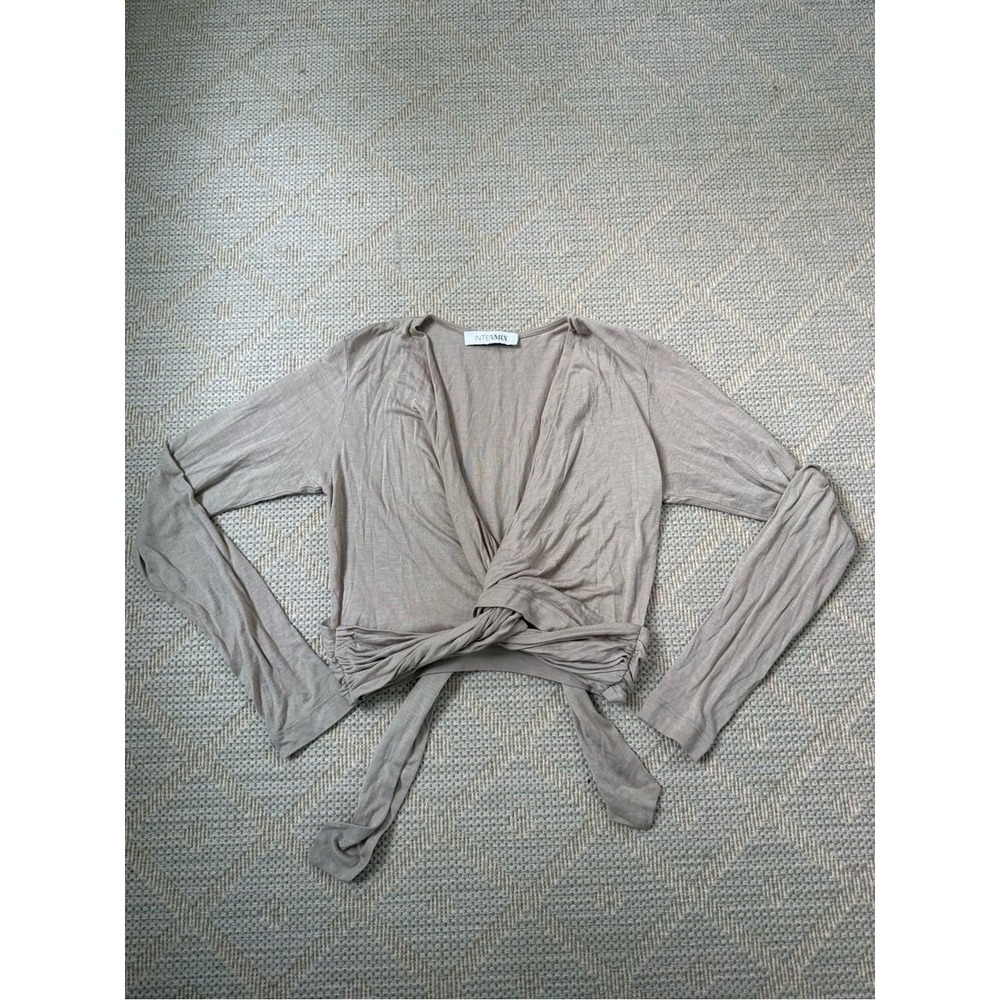 INTERMIX Taupe Draped Wrap Top Long Sleeve V-Neck Knot Front Neutral Grey